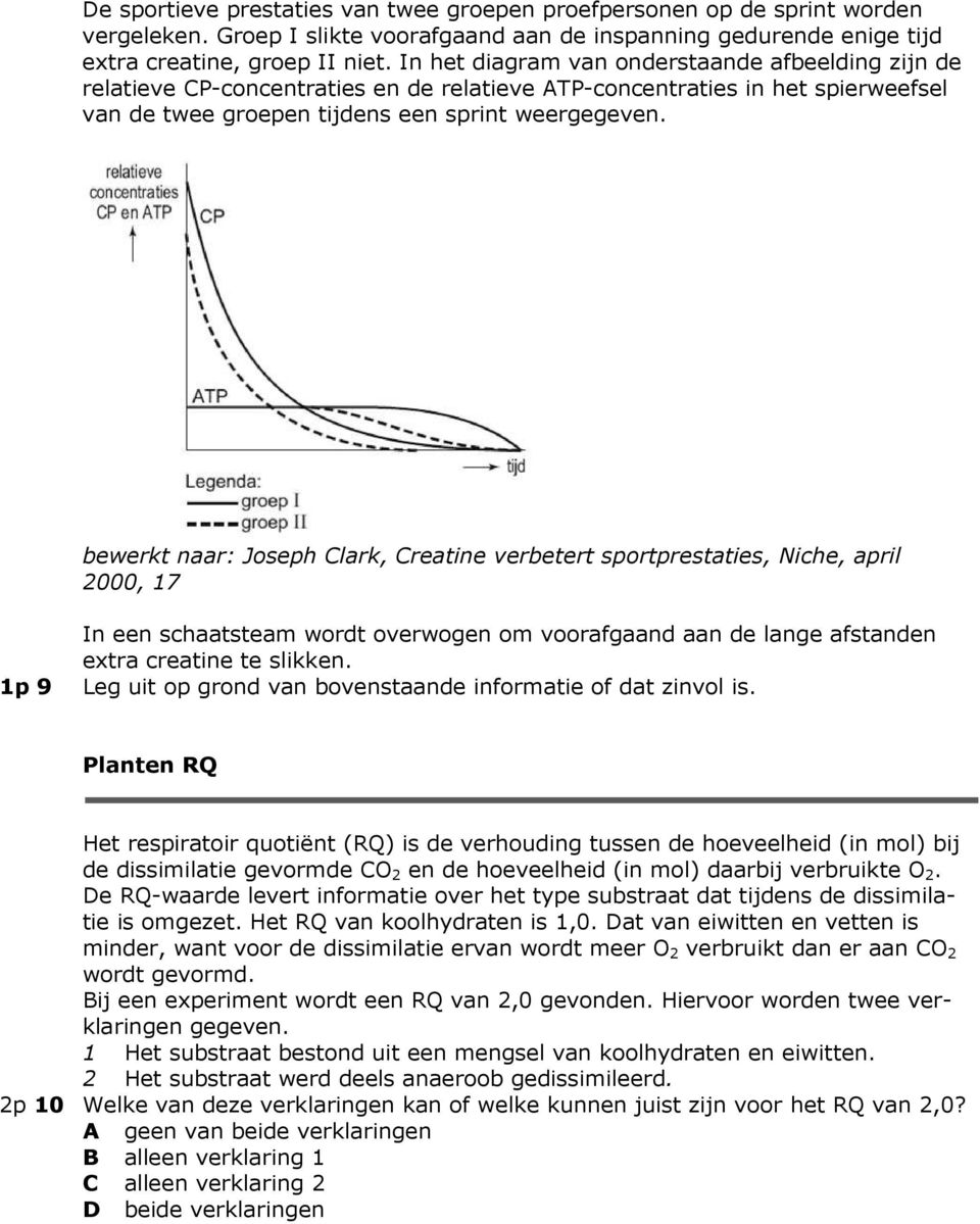 bewerkt naar: Joseph Clark, Creatine verbetert sportprestaties, Niche, april 2000, 17 1p 9 In een schaatsteam wordt overwogen om voorafgaand aan de lange afstanden extra creatine te slikken.