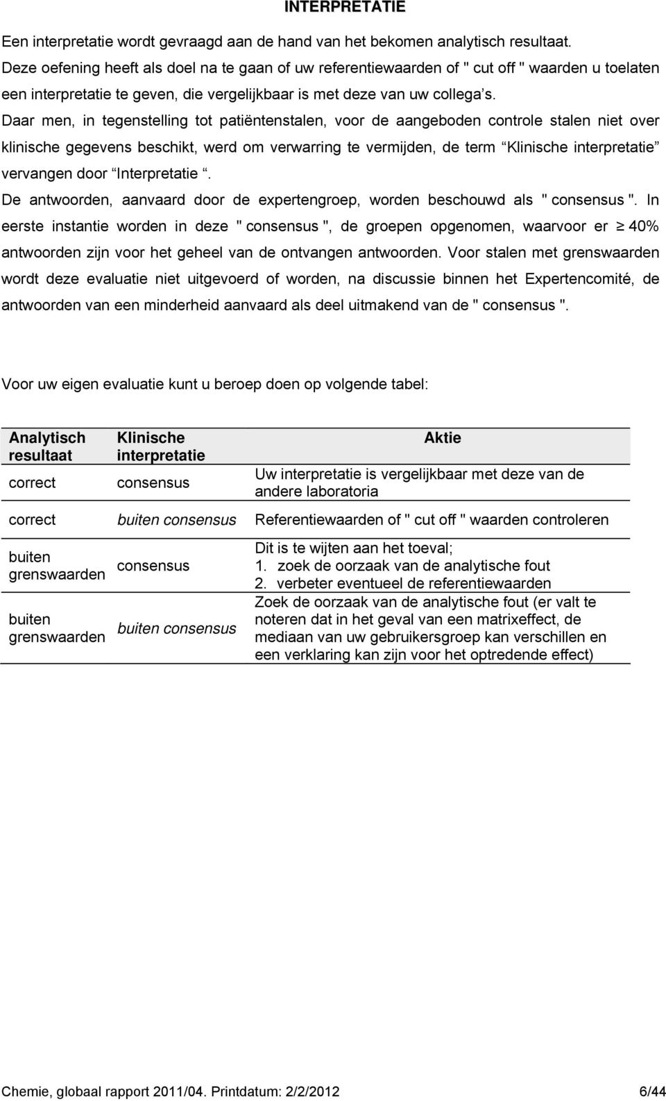 Daar men, in tegenstelling tot patiëntenstalen, voor de aangeboden controle stalen niet over klinische gegevens beschikt, werd om verwarring te vermijden, de term Klinische interpretatie vervangen