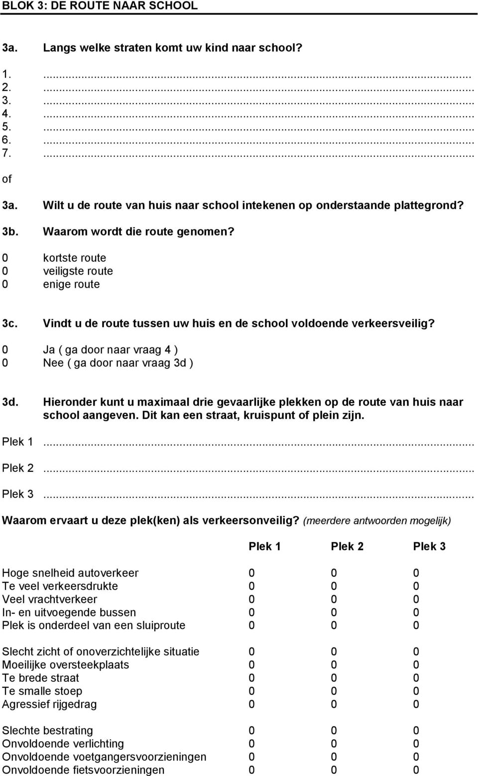 Vindt u de route tussen uw huis en de school voldoende verkeersveilig? 0 Ja ( ga door naar vraag 4 ) 0 Nee ( ga door naar vraag 3d ) 3d.