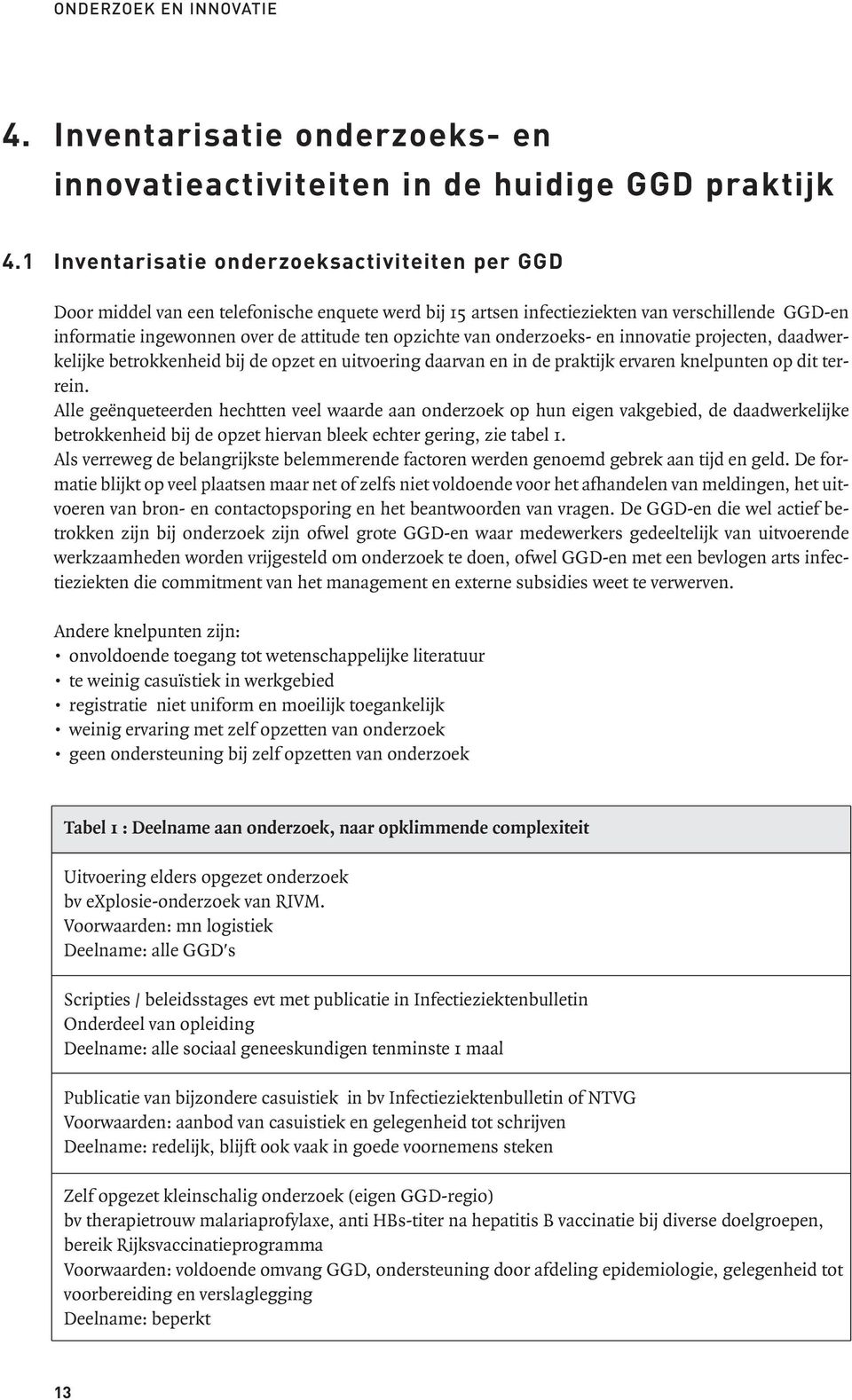 opzichte van onderzoeks- en innovatie projecten, daadwerkelijke betrokkenheid bij de opzet en uitvoering daarvan en in de praktijk ervaren knelpunten op dit terrein.