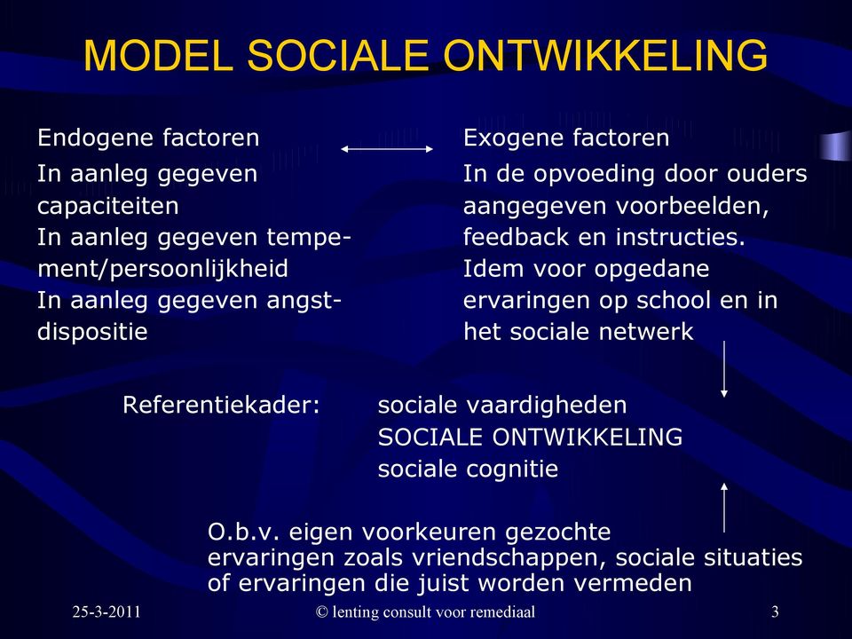 Idem voor opgedane ervaringen op school en in het sociale netwerk Referentiekader: sociale vaardigheden SOCIALE ONTWIKKELING