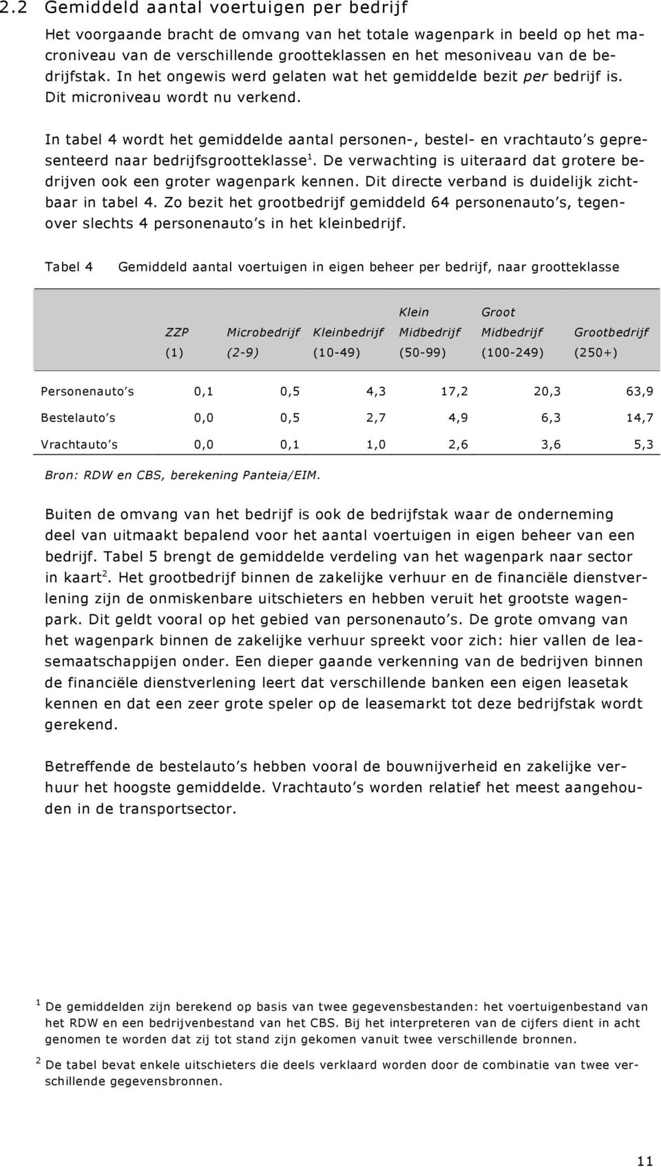 In tabel 4 wordt het gemiddelde aantal personen-, bestel- en vrachtauto s gepresenteerd naar bedrijfsgrootteklasse 1. De verwachting is uiteraard dat grotere bedrijven ook een groter wagenpark kennen.