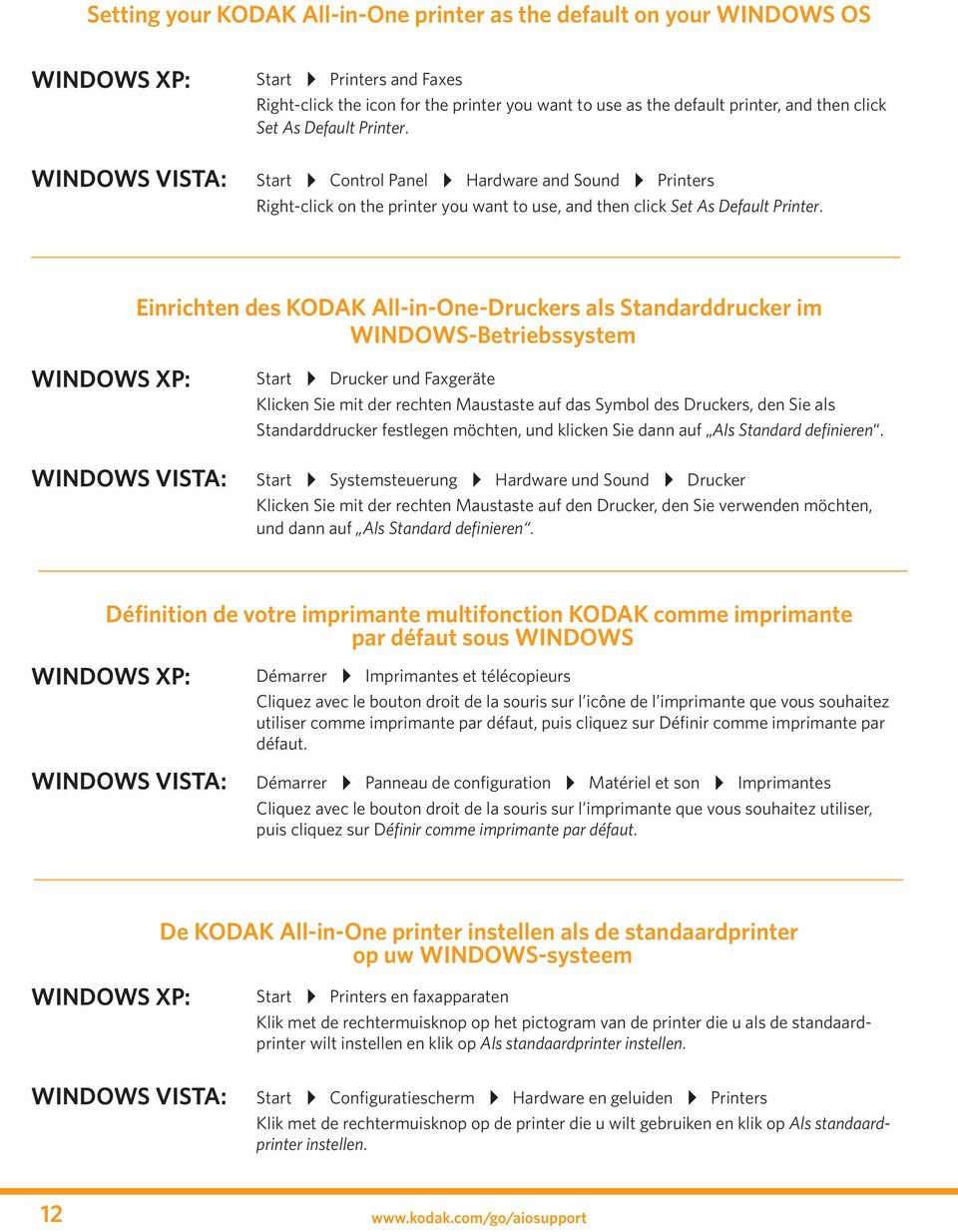 Einrichten des KODAK All-in-One-Druckers als Standarddrucker im WINDOWS-Betriebssystem WINDOWS XP: WINDOWS VISTA: Start Drucker und Faxgeräte Klicken Sie mit der rechten Maustaste auf das Symbol des