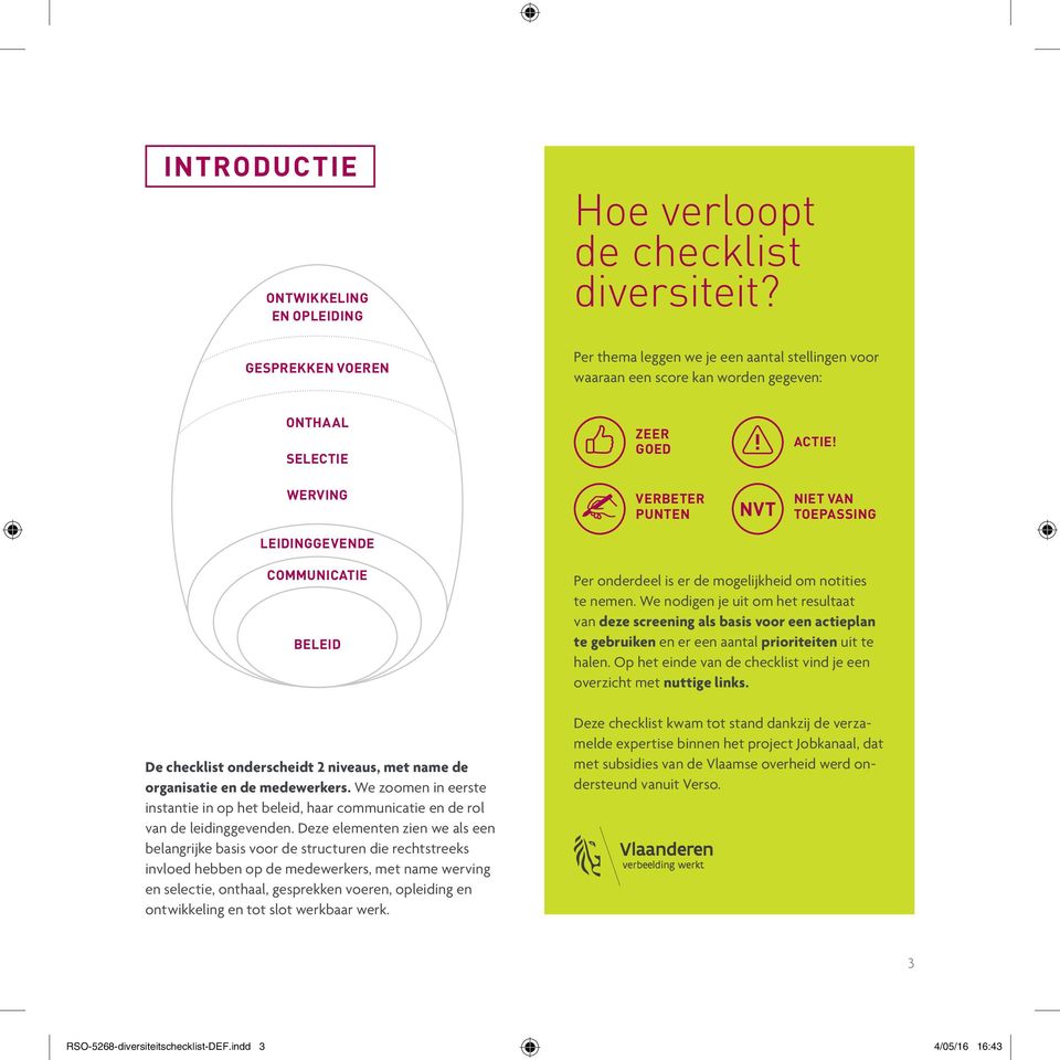 WERVING VERBETER PUNTEN NIET VAN TOEPASSING LEIDINGGEVENDE COMMUNICATIE BELEID De checklist onderscheidt 2 niveaus, met name de organisatie en de medewerkers.