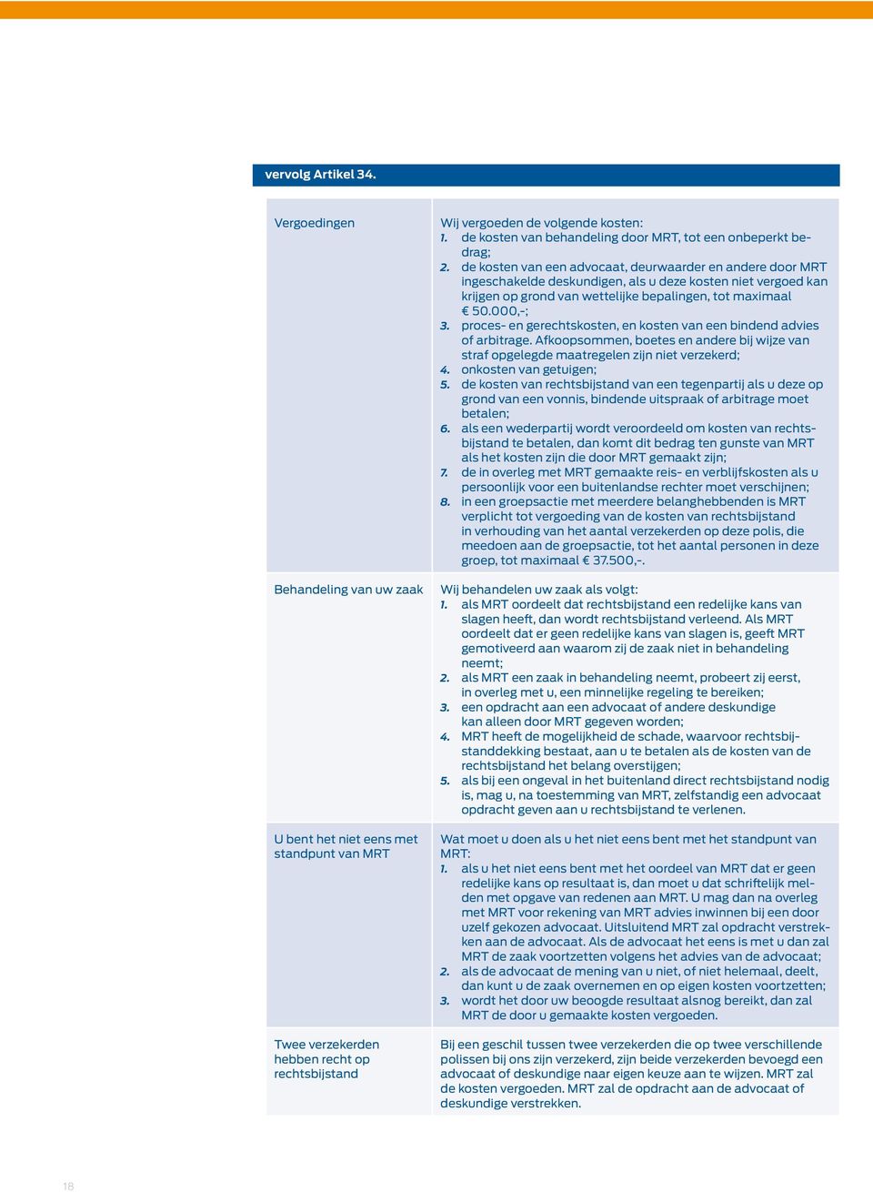 de kosten van een advocaat, deurwaarder en andere door MRT ingeschakelde deskundigen, als u deze kosten niet vergoed kan krijgen op grond van wettelijke bepalingen, tot maximaal 50.000,-; 3.