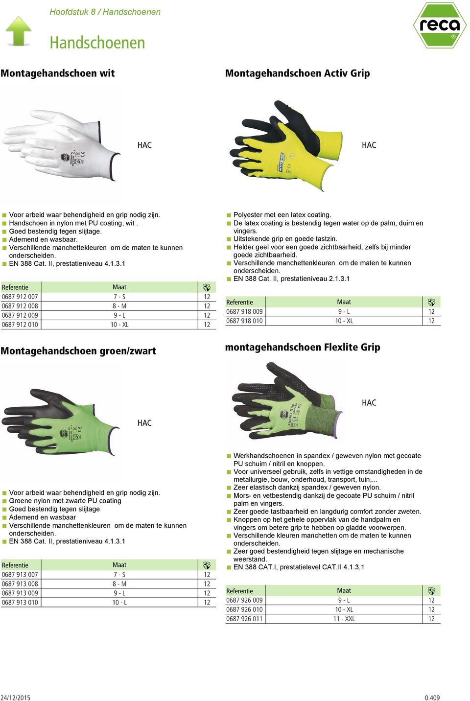 8 Cat. II, prestatieniveau 4..3. 0687 9 007 7 - S 0687 9 008 8 - M 0687 9 009 9 - L 0687 9 00 0 - XL Montagehandschoen groen/zwart Polyester met een latex coating.