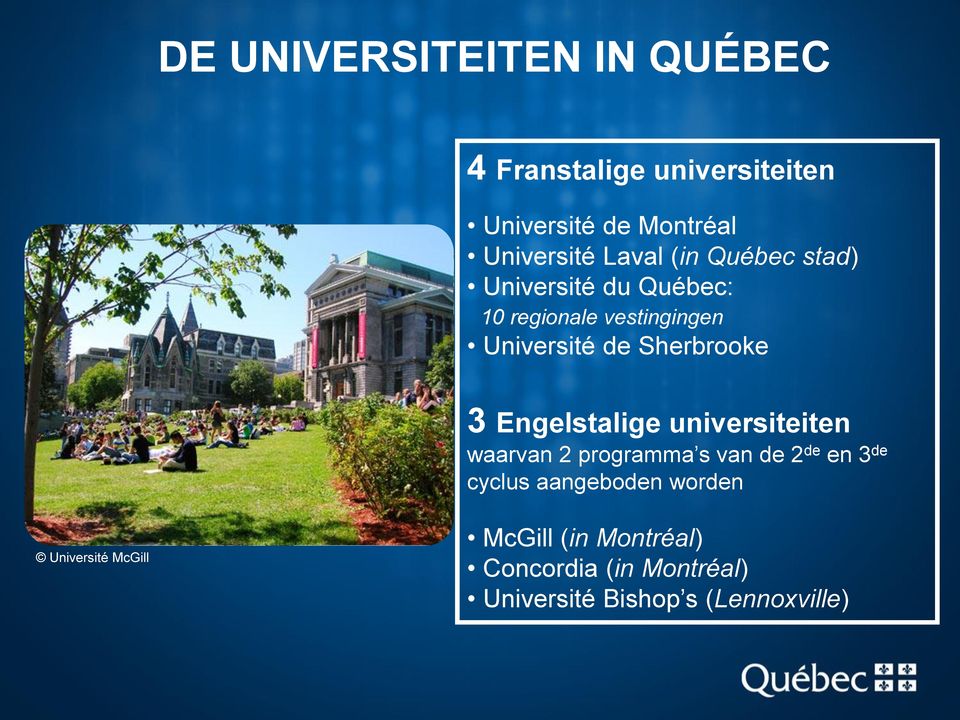 Sherbrooke 3 Engelstalige universiteiten waarvan 2 programma s van de 2 de en 3 de cyclus