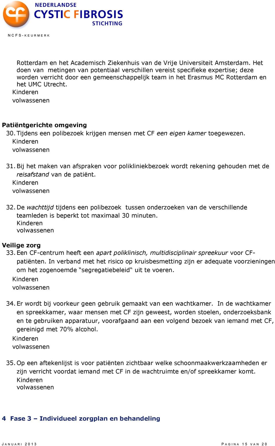 Patiëntgerichte omgeving 30. Tijdens een polibezoek krijgen mensen met CF een eigen kamer toegewezen. 31.