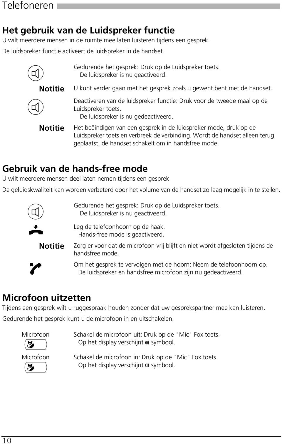 Deactiveren van de luidspreker functie: Druk voor de tweede maal op de Luidspreker toets. De luidspreker is nu gedeactiveerd.