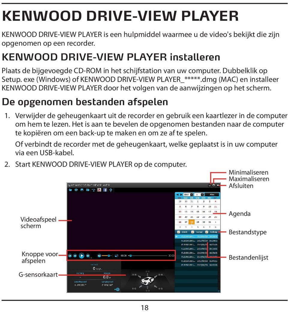 dmg (MAC) en installeer KENWOOD DRIVE-VIEW PLAYER door het volgen van de aanwijzingen op het scherm. De opgenomen bestanden afspelen 1.