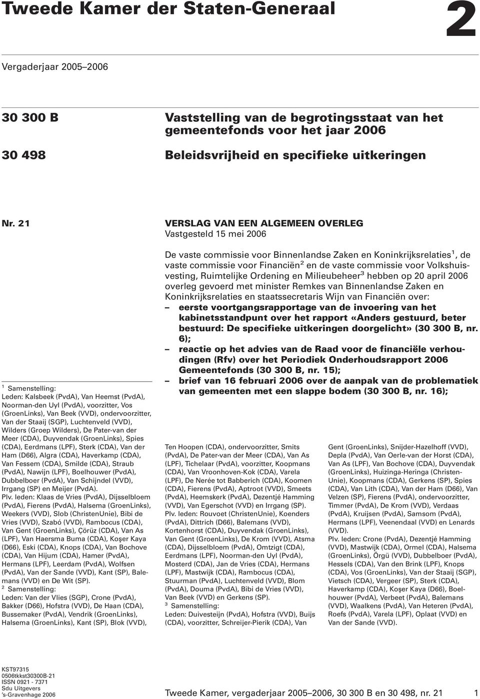 (Groep Wilders), De Pater-van der Meer (CDA), Duyvendak (GroenLinks), Spies (CDA), Eerdmans (LPF), Sterk (CDA), Van der Ham (D66), Algra (CDA), Haverkamp (CDA), Van Fessem (CDA), Smilde (CDA), Straub