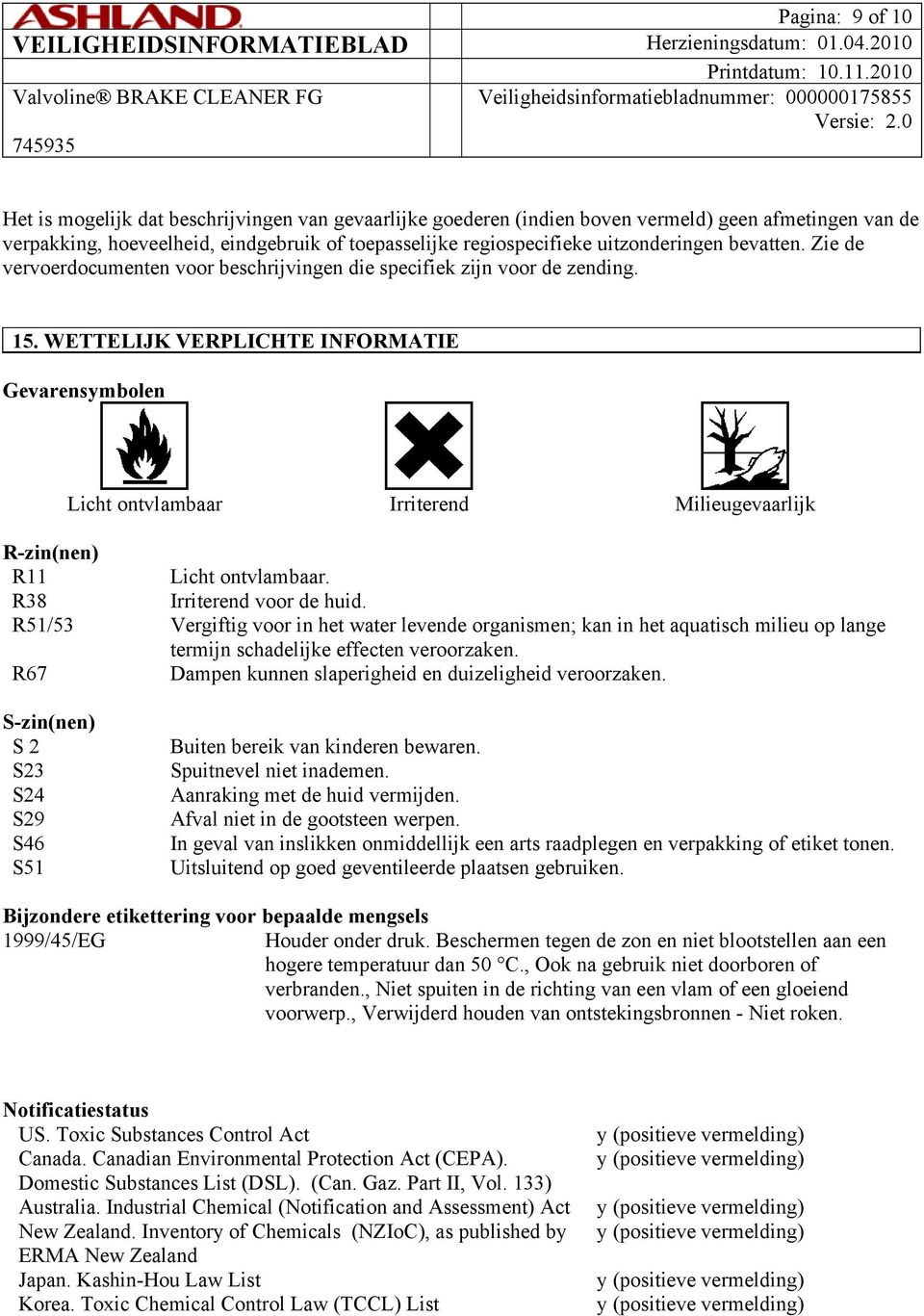 WETTELIJK VERPLICHTE INFORMATIE Gevarensymbolen Licht ontvlambaar Irriterend Milieugevaarlijk R-zin(nen) R11 Licht ontvlambaar. R38 Irriterend voor de huid.