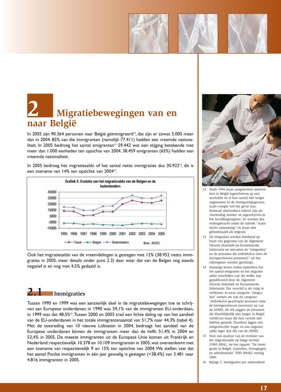 459 emigranten (65%) hadden een vreemde nationaliteit. In 2005 bedroeg het migratiesaldo of het aantal netto immigraties dus 30.922 14, dit is een toename van 14% ten opzichte van 2004 15.