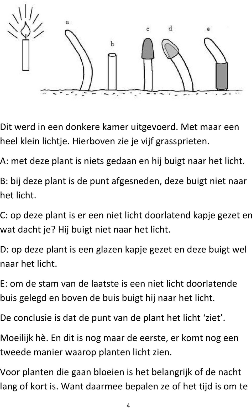 D: op deze plant is een glazen kapje gezet en deze buigt wel naar het licht. E: om de stam van de laatste is een niet licht doorlatende buis gelegd en boven de buis buigt hij naar het licht.