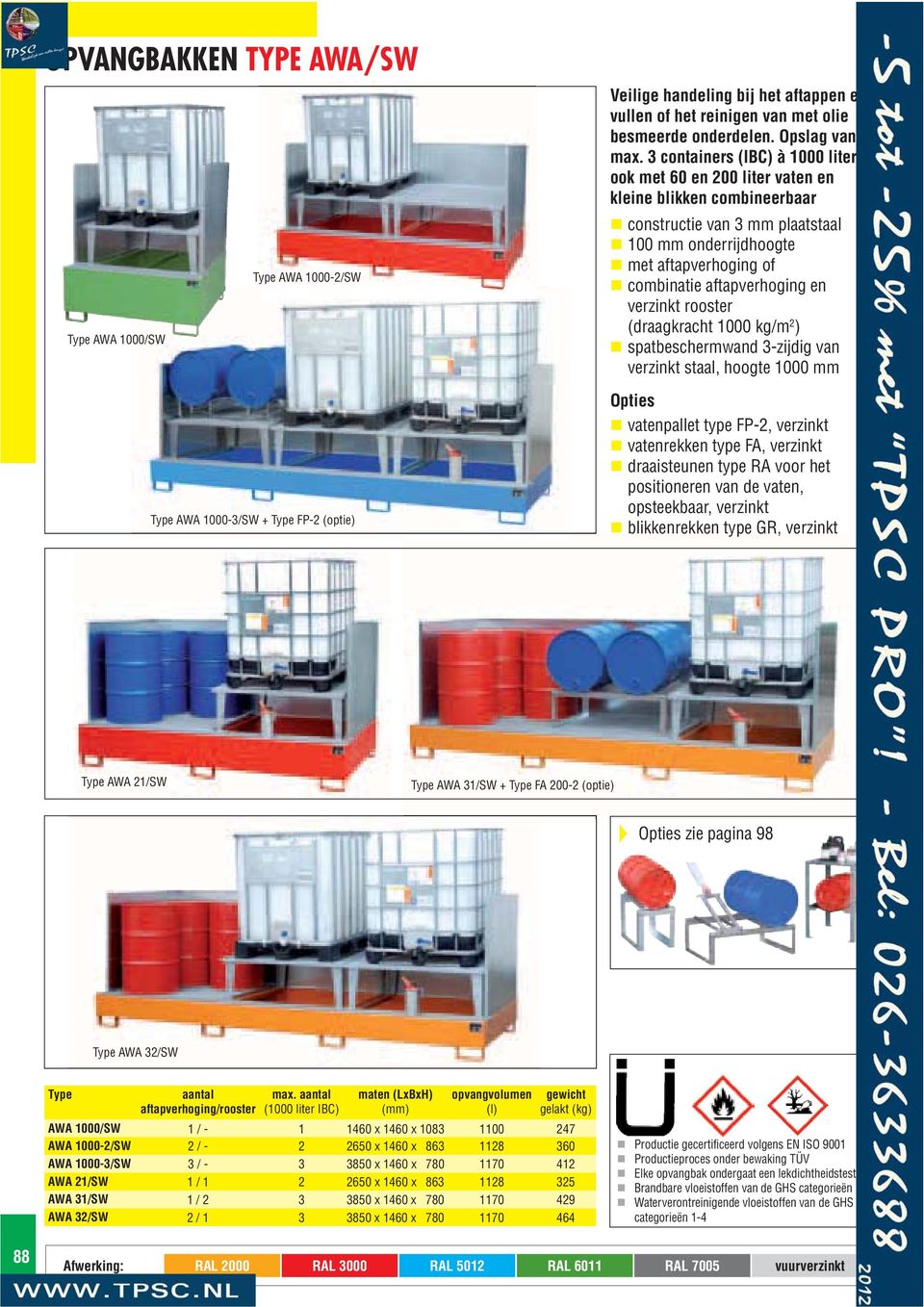 en verzinkt rooster (draagkracht 1000 kg/m 2 ) spatbeschermwand 3-zijdig van verzinkt staal, hoogte 1000 mm AWA 1000-3/SW + FP-2 (optie) Opties vatenpallet type FP-2, verzinkt vatenrekken type FA,