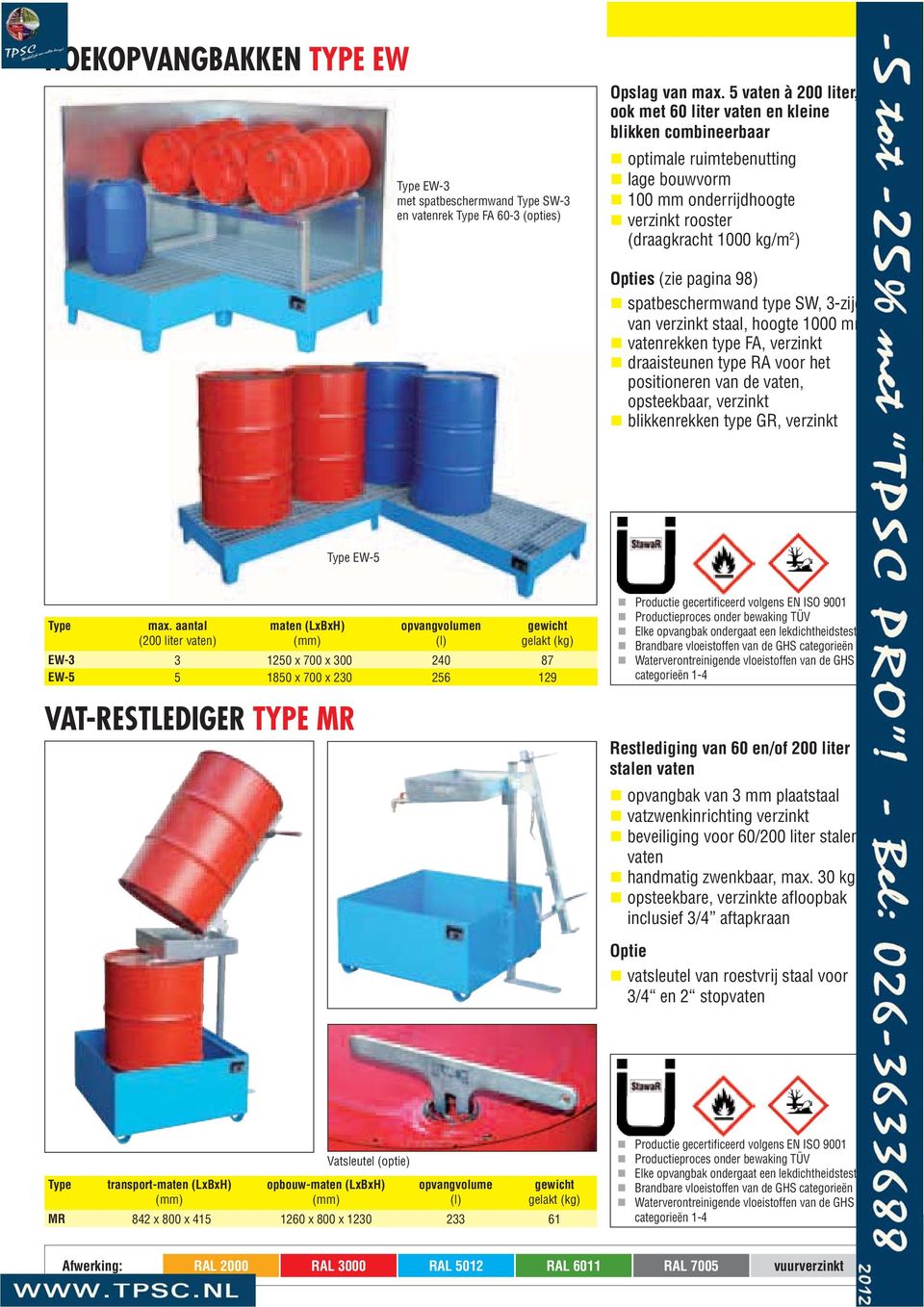 pagina 98) spatbeschermwand type SW, 3-zijdig van verzinkt staal, hoogte 1000 mm vatenrekken type FA, verzinkt draaisteunen type RA voor het positioneren van de vaten, opsteekbaar, verzinkt