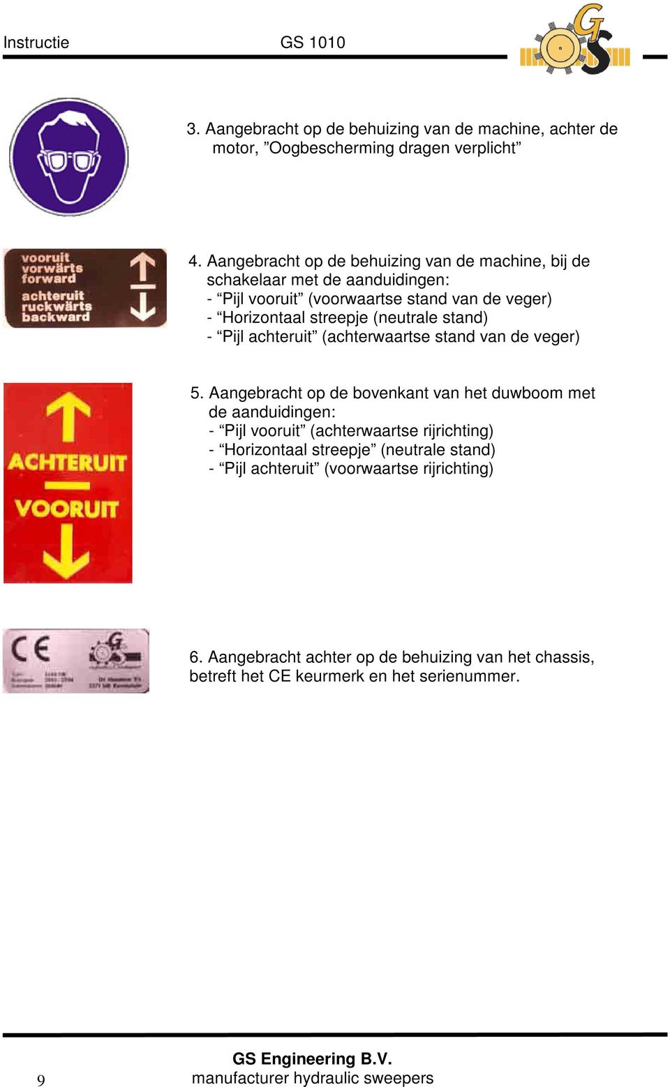 (neutrale stand) - Pijl achteruit (achterwaartse stand van de veger) 5.