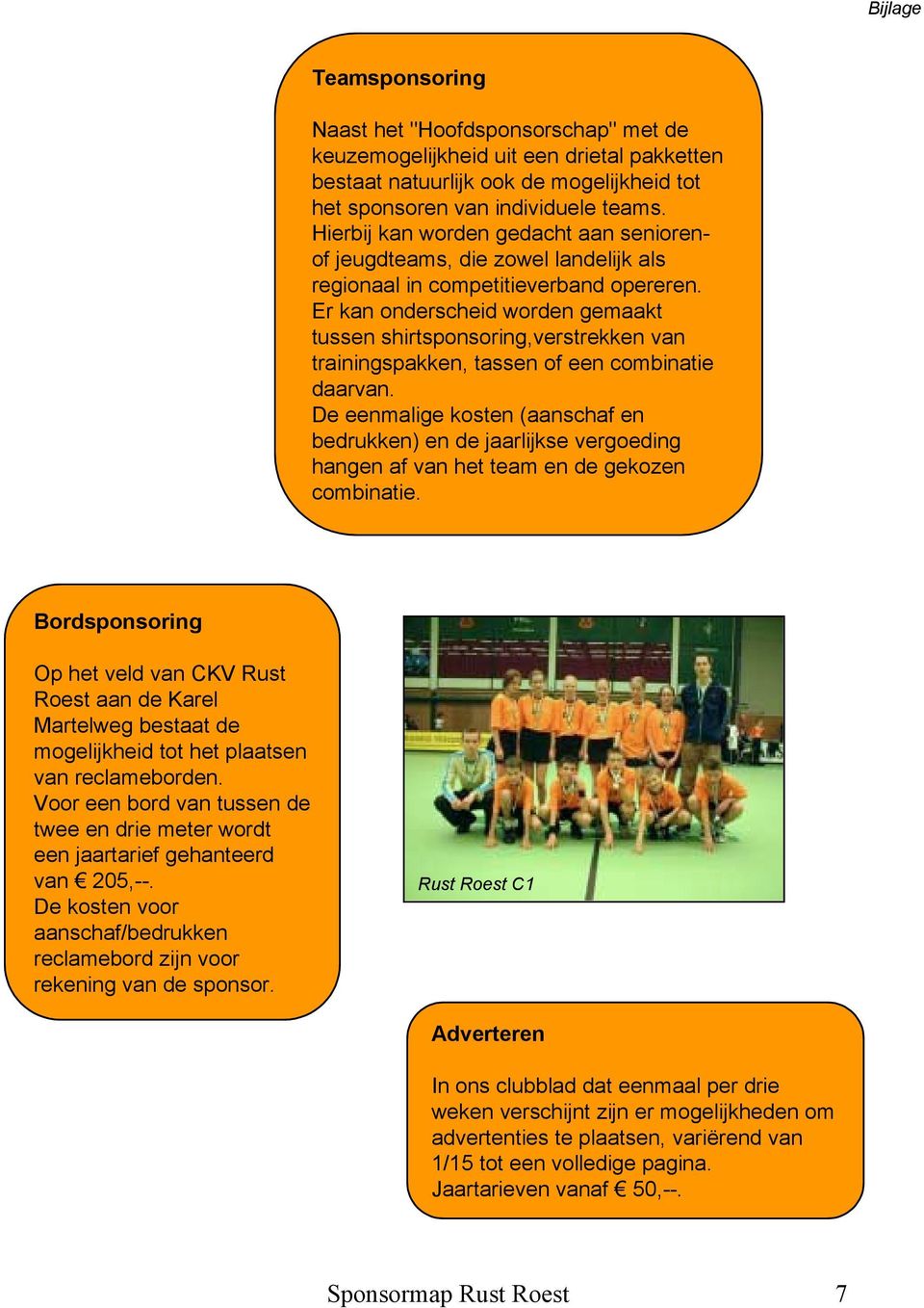 Er kan onderscheid worden gemaakt tussen shirtsponsoring,verstrekken van trainingspakken, tassen of een combinatie daarvan.