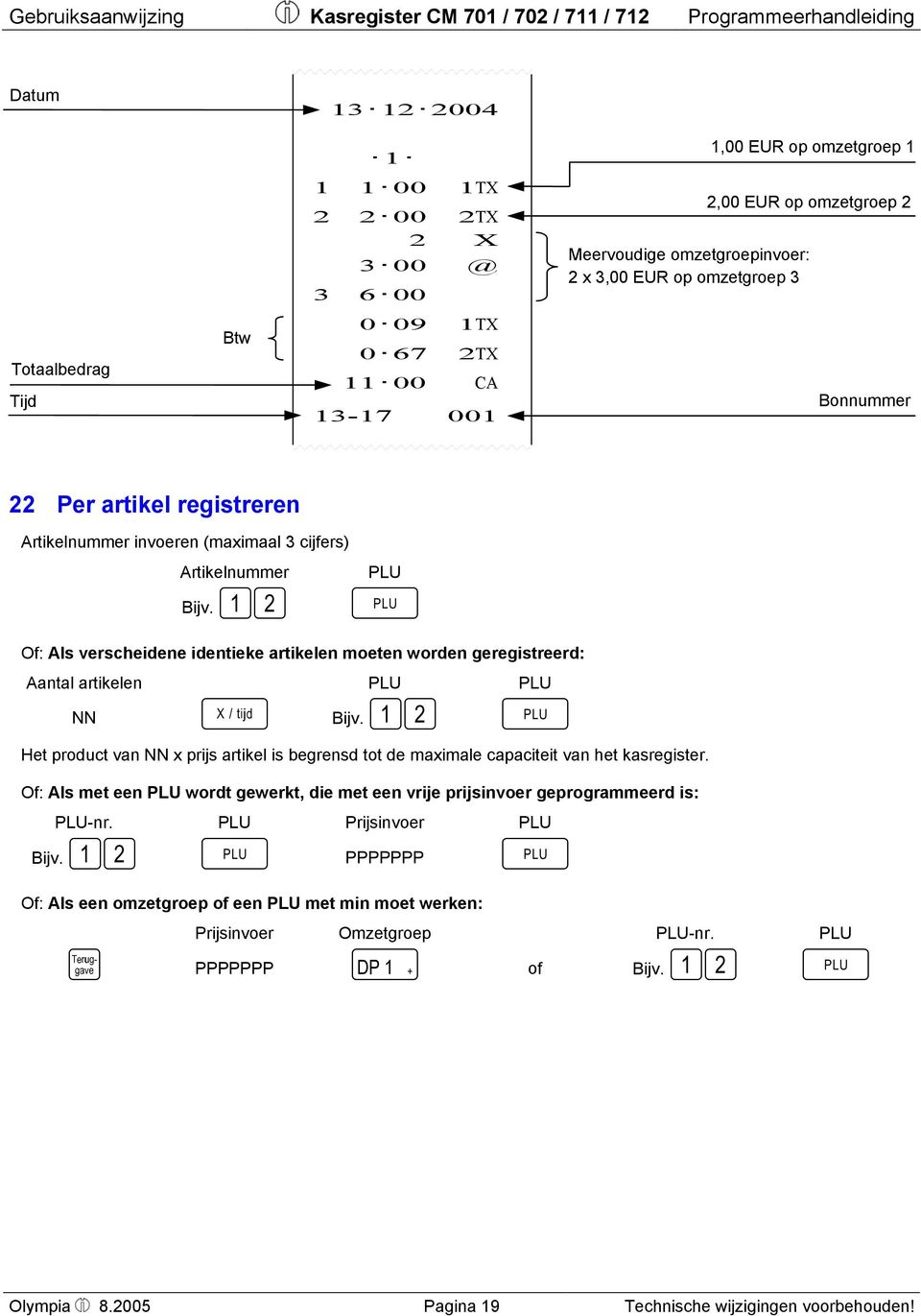 12 PLU f Of: Als verscheidene identieke artikelen moeten worden geregistreerd: Aantal artikelen PLU PLU NN h Bijv.