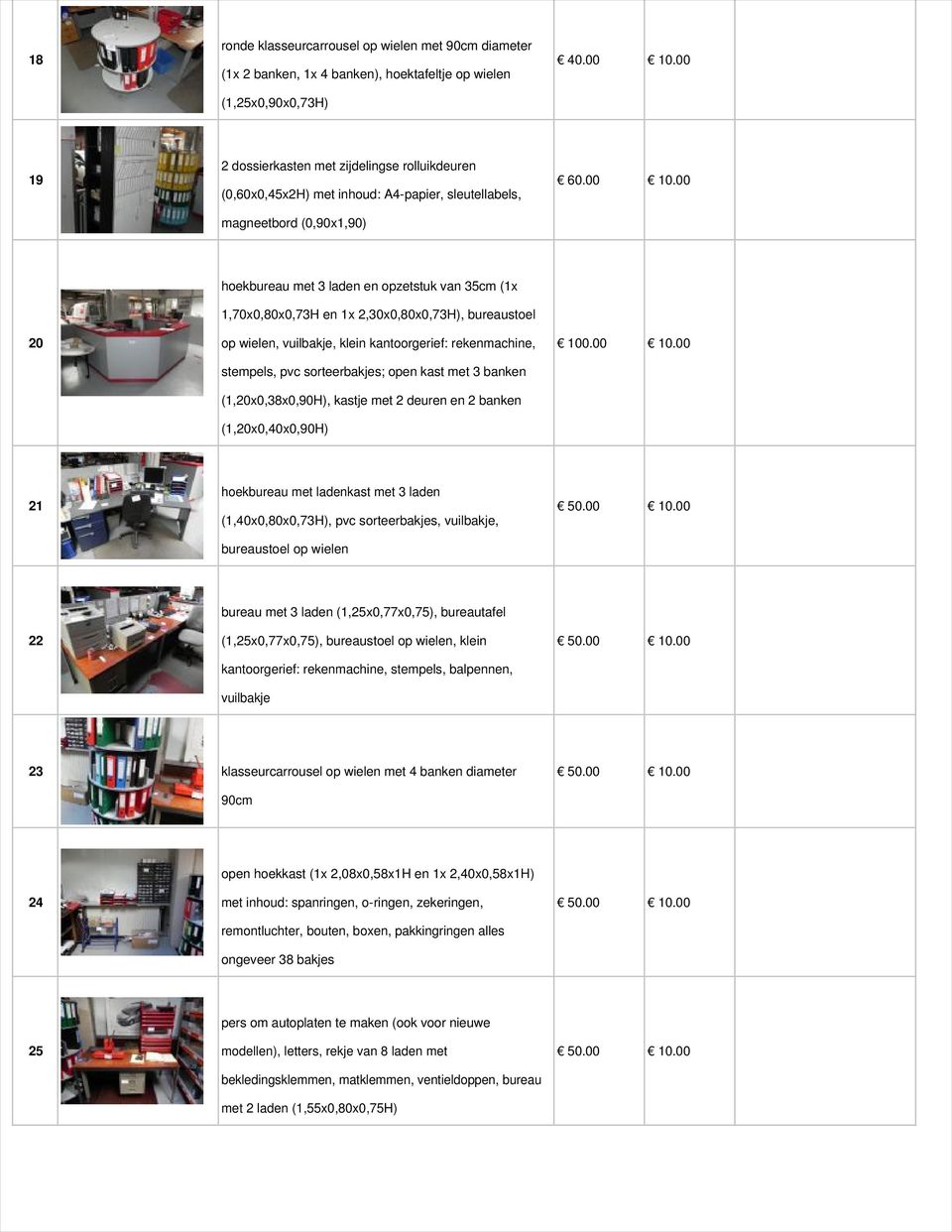 00 20 hoekbureau met 3 laden en opzetstuk van 35cm (1x 1,70x0,80x0,73H en 1x 2,30x0,80x0,73H), bureaustoel op wielen, vuilbakje, klein kantoorgerief: rekenmachine, stempels, pvc sorteerbakjes; open