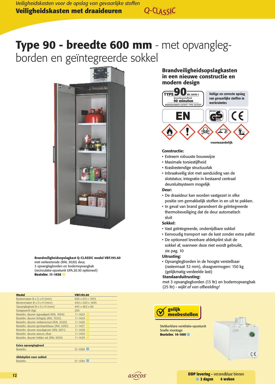 60 met verkeersrode (RAL 3020) deur, 3 opvaglegborde e bodemopvagbak (recirculatie-opzetuit UFA.20.30 optioeel) Bestelr. 11-1426 VBF.195.