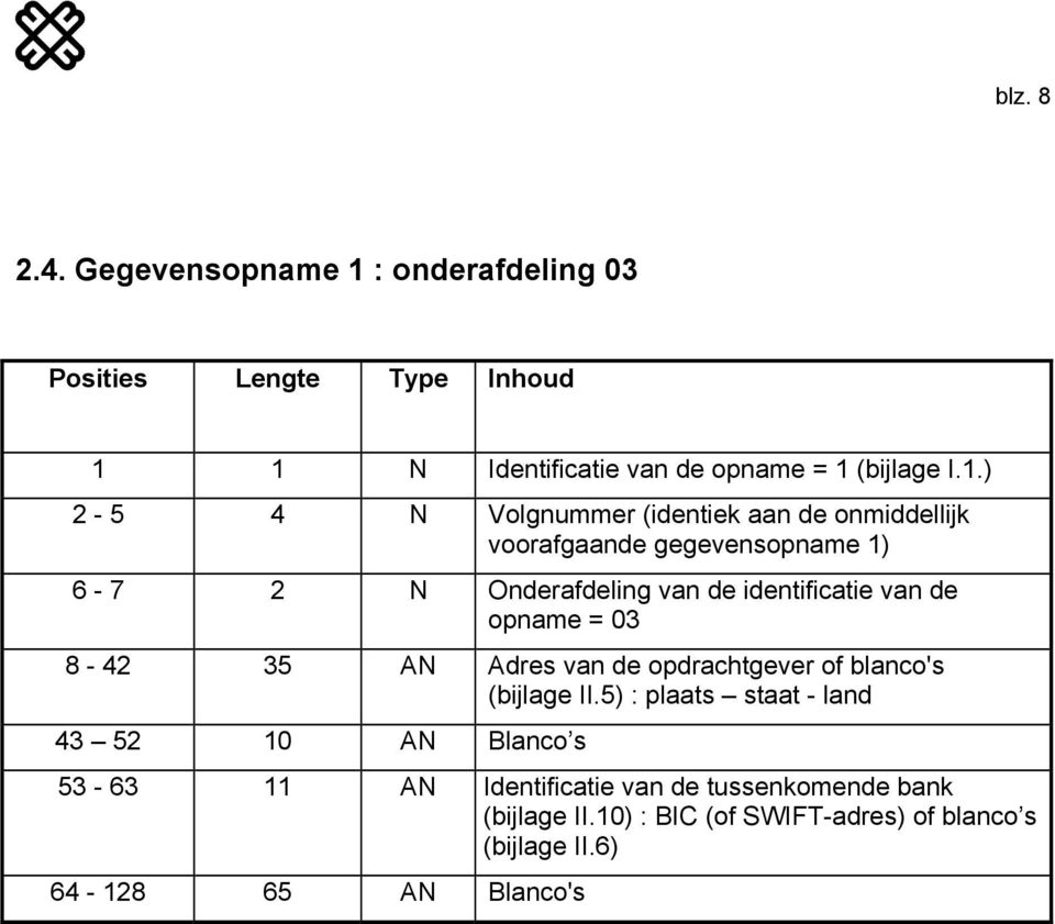 1 N Identificatie van de opname = 1 (bijlage I.1.) 2-5 4 N Volgnummer (identiek aan de onmiddellijk voorafgaande