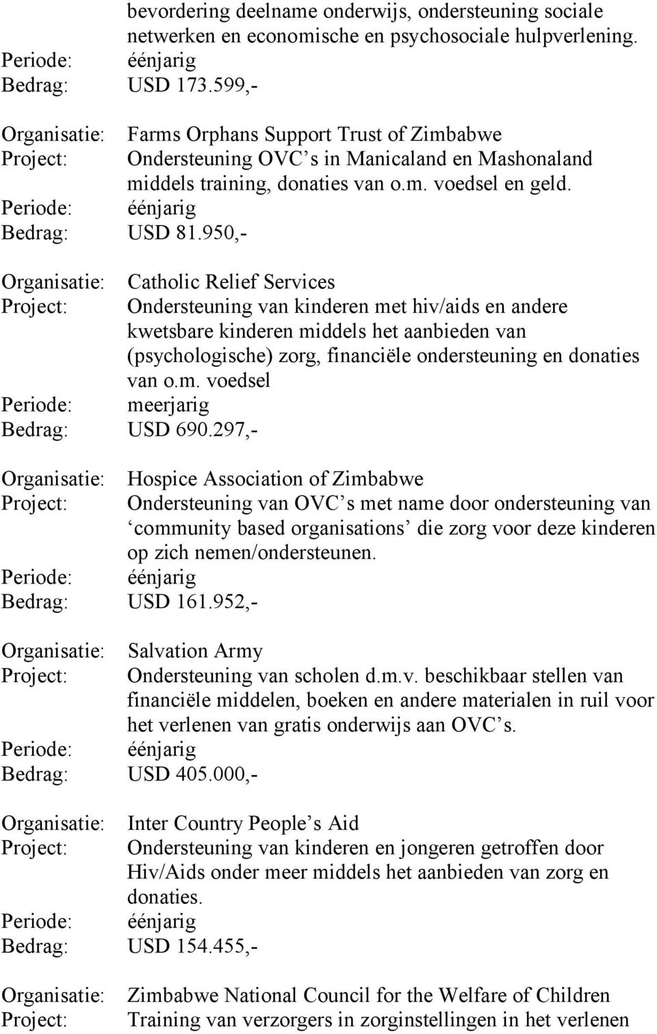 950,- Catholic Relief Services Ondersteuning van kinderen met hiv/aids en andere kwetsbare kinderen middels het aanbieden van (psychologische) zorg, financiële ondersteuning en donaties van o.m. voedsel Bedrag: USD 690.