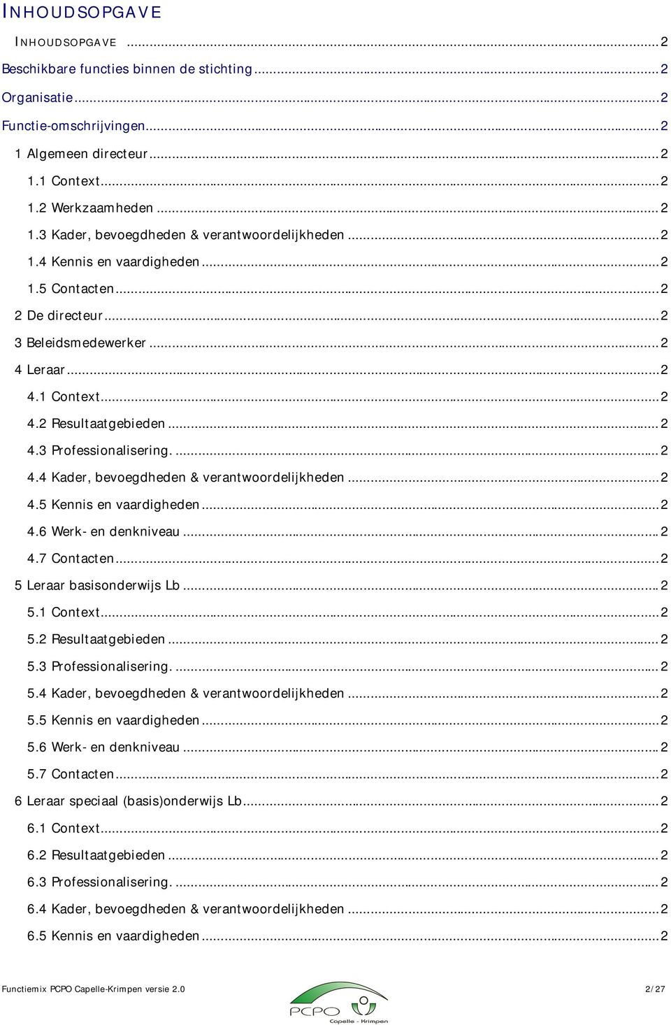 ..2 4.5 Kennis en vaardigheden...2 4.6 Werk- en denkniveau... 2 4.7 Contacten...2 5 Leraar basisonderwijs Lb... 2 5.1 Context...2 5.2 Resultaatgebieden... 2 5.3 Professionalisering.... 2 5.4 Kader, bevoegdheden & verantwoordelijkheden.