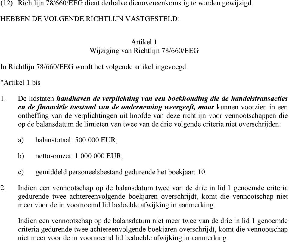 De lidstaten handhaven de verplichting van een boekhouding die de handelstransacties en de financiële toestand van de onderneming weergeeft, maar kunnen voorzien in een ontheffing van de