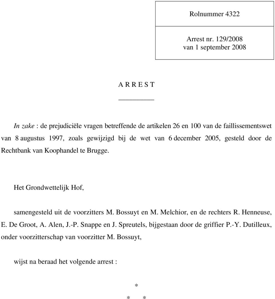 augustus 1997, zoals gewijzigd bij de wet van 6 december 2005, gesteld door de Rechtbank van Koophandel te Brugge.