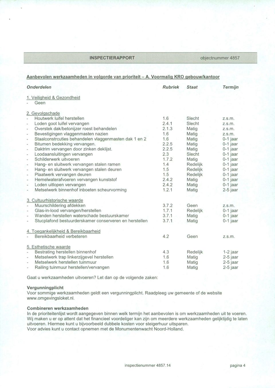 6 atig z.s.m. - Staalconstrcuties behandelen vlaggenmasten dak 1 en 2 1.6 atig 0-1 jaar - Bitumen bedekking vervangen. 2.2.5 atig 0-1 jaar - Daktrim vervangen door zinken deklijst. 2.2.5 atig 0-1 jaar - Loodaansluitingen vervangen 2.