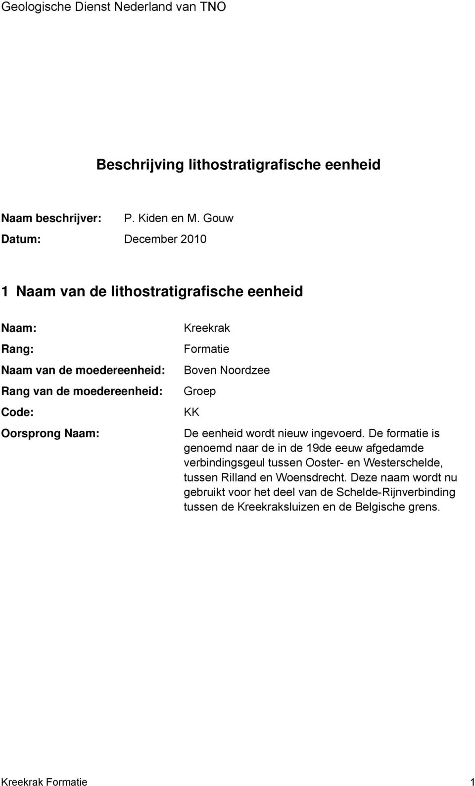 Naam: Kreekrak Formatie Boven Noordzee Groep KK De eenheid wordt nieuw ingevoerd.