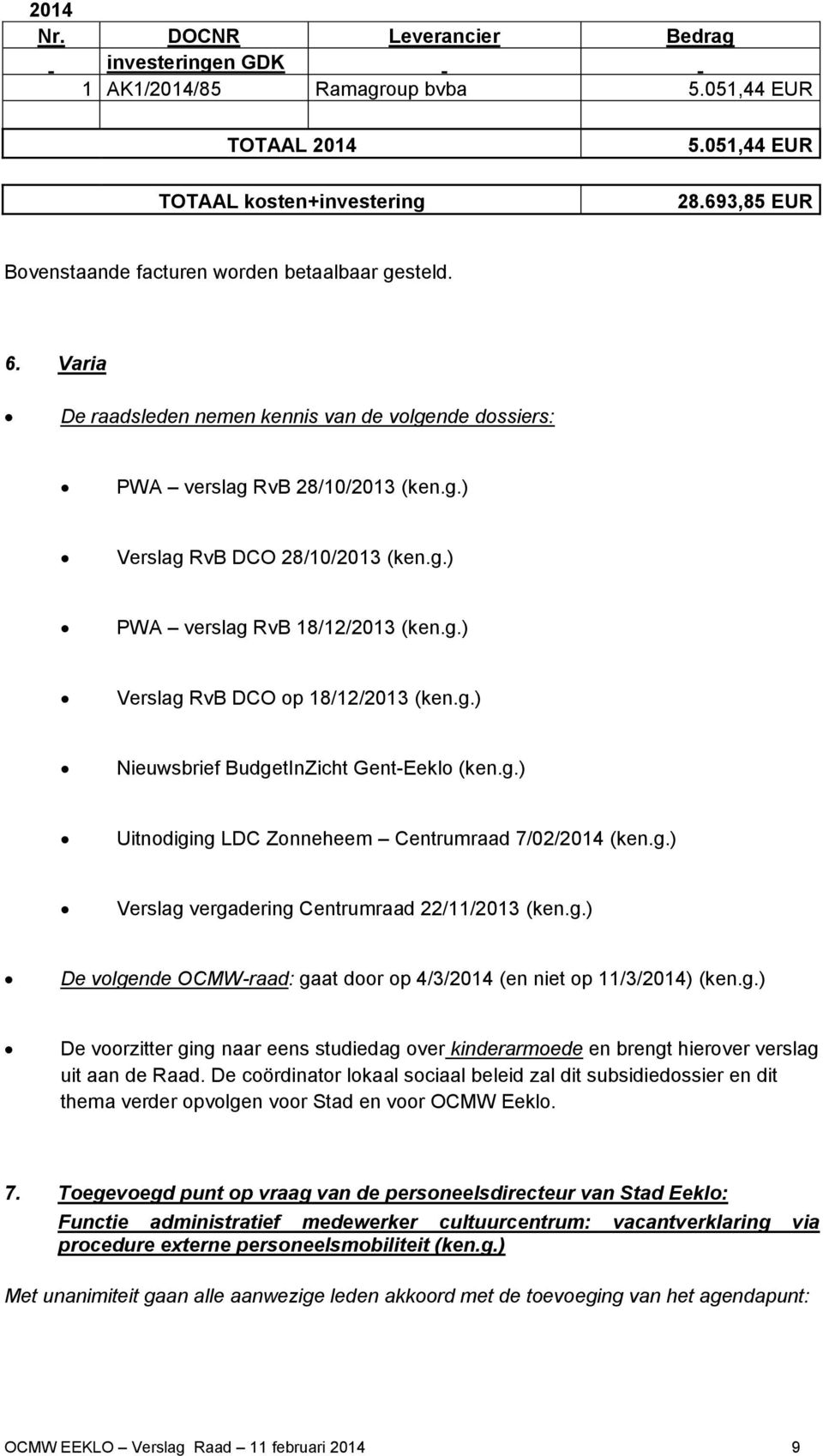 g.) Verslag RvB DCO op 18/12/2013 (ken.g.) Nieuwsbrief BudgetInZicht Gent-Eeklo (ken.g.) Uitnodiging LDC Zonneheem Centrumraad 7/02/2014 (ken.g.) Verslag vergadering Centrumraad 22/11/2013 (ken.g.) De volgende OCMW-raad: gaat door op 4/3/2014 (en niet op 11/3/2014) (ken.