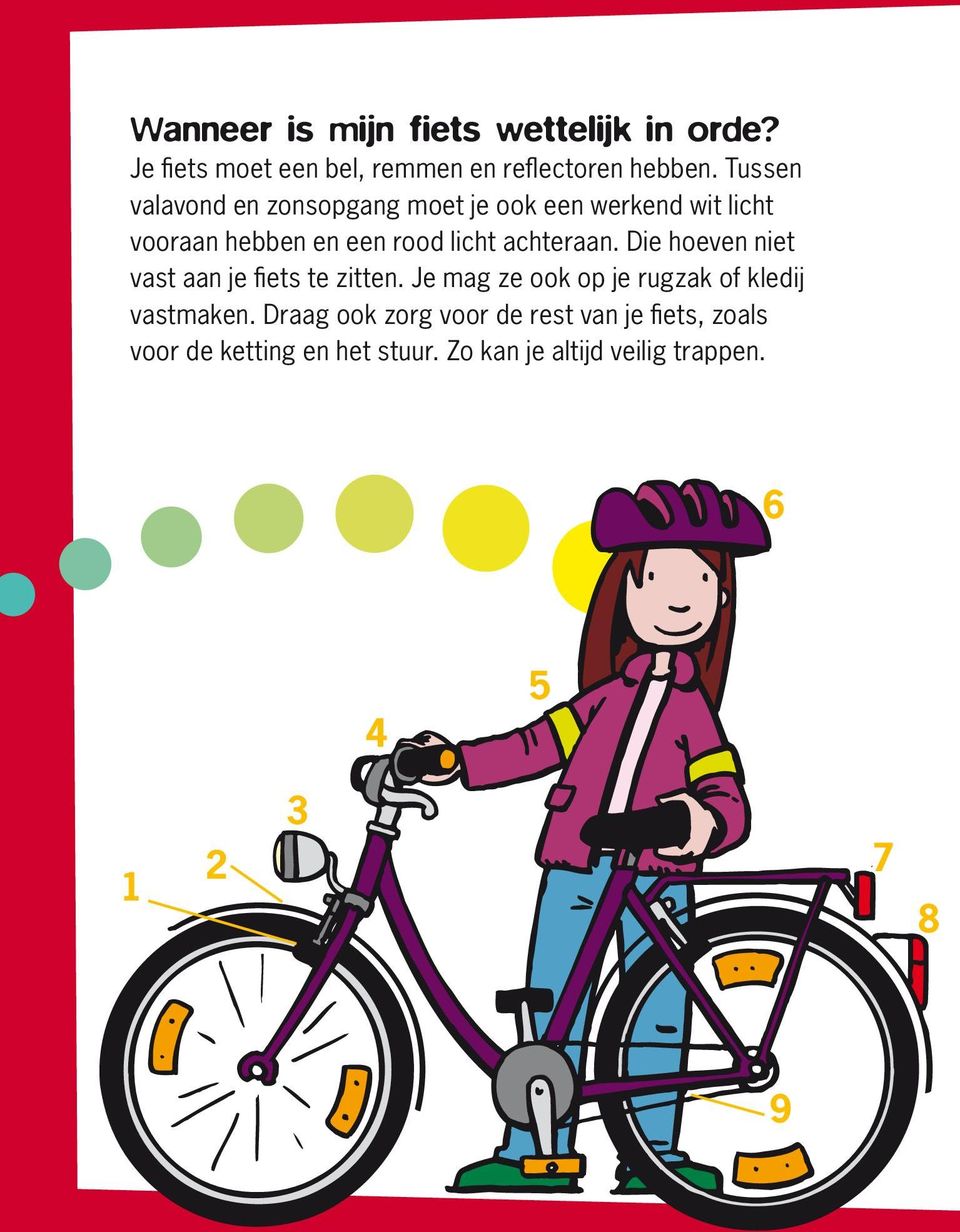 achteraan. Die hoeven niet vast aan je fiets te zitten. Je mag ze ook op je rugzak of kledij vastmaken.