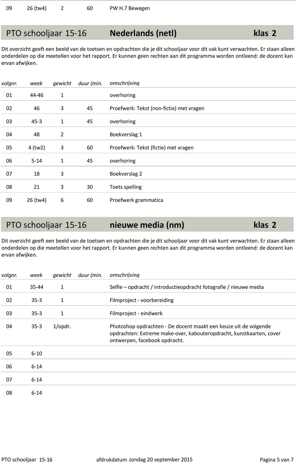 met vragen 06 5-14 1 45 overhoring 07 18 3 Boekverslag 2 08 21 3 30 Toets spelling 09 26 (tw4) 6 60 Proefwerk grammatica nieuwe media (nm) 01 35-44 1 Selfie opdracht / introductieopdracht