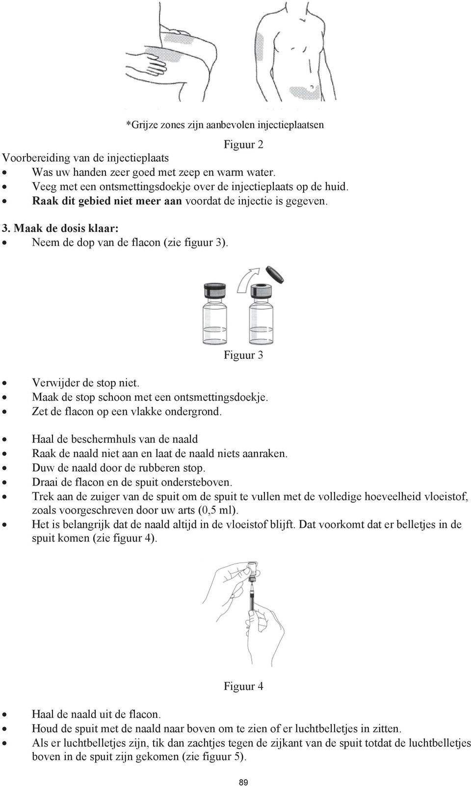 Figuur 3 # Verwijder de stop niet. # Maak de stop schoon met een ontsmettingsdoekje. # Zet de flacon op een vlakke ondergrond.