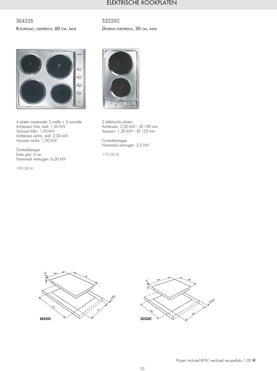 Controlelampje Extra plat: 3 cm Nominaal vermogen: 6,00 kw 2 elektrische platen: Achteraan: 2,00 kw Ø 190 mm Vooraan: 1,50 kw Ø