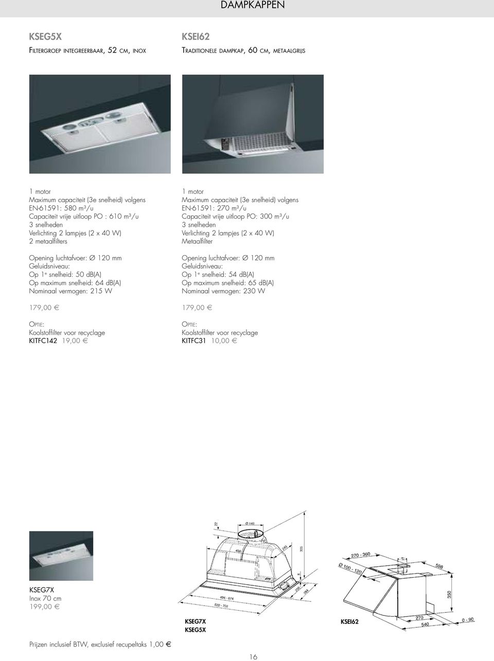 W 179,00 E Optie: Koolstoffilter voor recyclage KITFC142 19,00 E 1 motor Maximum capaciteit (3e snelheid) volgens EN-61591: 270 m³/u Capaciteit vrije uitloop PO: 300 m³/u 3 snelheden Verlichting 2