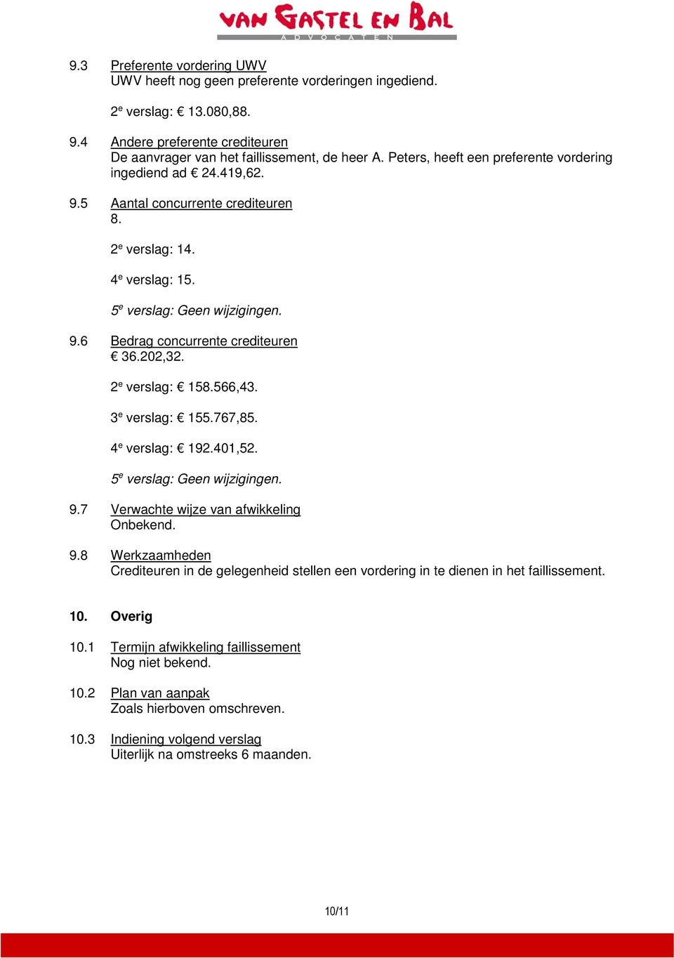 202,32. 2 e verslag: 158.566,43. 3 e verslag: 155.767,85. 4 e verslag: 192.401,52. 5 e verslag: Geen wijzigingen. 9.