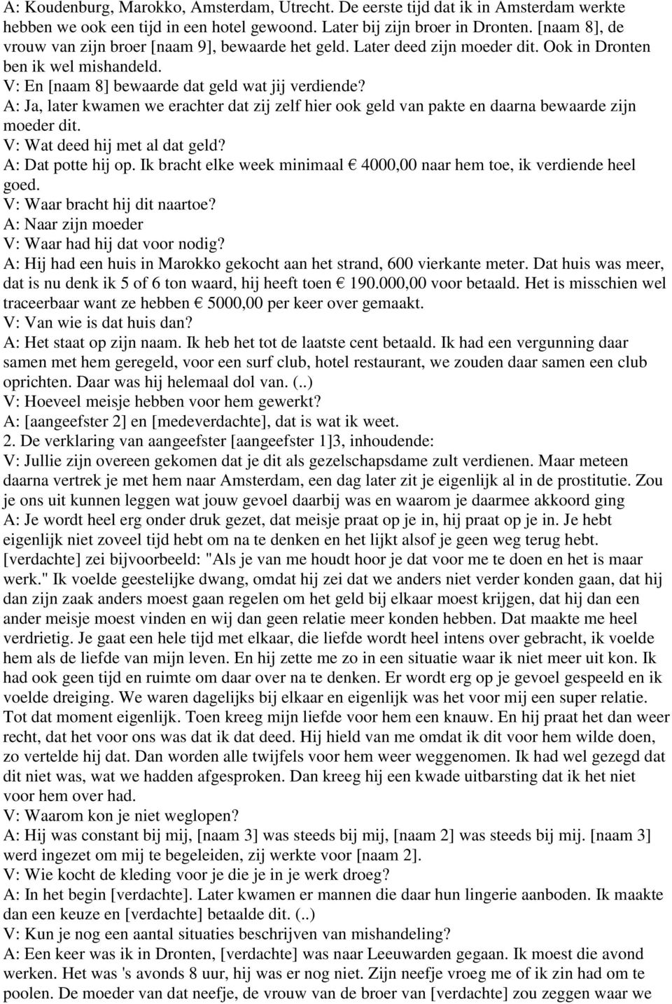 A: Ja, later kwamen we erachter dat zij zelf hier ook geld van pakte en daarna bewaarde zijn moeder dit. V: Wat deed hij met al dat geld? A: Dat potte hij op.
