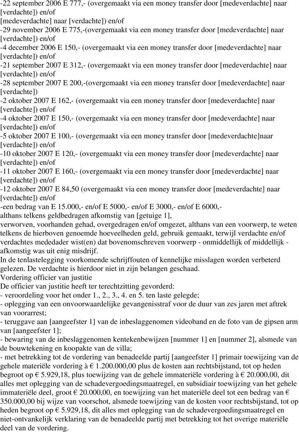 200,-(overgemaakt via een money transfer door [medeverdachte] naar [verdachte]) -2 oktober 2007 E 162,- (overgemaakt via een money transfer door [medeverdachte] naar -4 oktober 2007 E 150,-