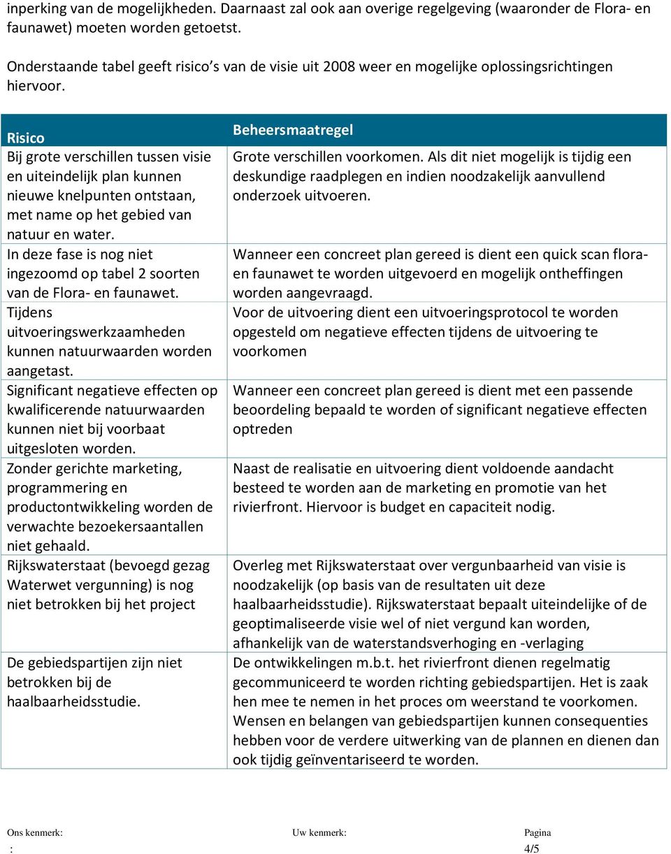 Risico Bij grote verschillen tussen visie en uiteindelijk plan kunnen nieuwe knelpunten ontstaan, met name op het gebied van natuur en water.