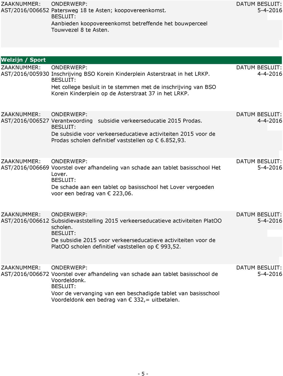 Het college besluit in te stemmen met de inschrijving van BSO Korein Kinderplein op de Asterstraat 37 in het LRKP. AST/2016/006527 Verantwoording subsidie verkeerseducatie 2015 Prodas.