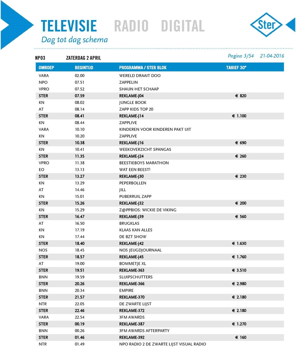 27 REKLAME-J30 KN 13.29 AT 14.46 JILL KN 15.01 PUBERRUIL ZAPP STER 15.26 KN 15.29 Z@PPBIOS: WICKIE DE VIKING STER 16.47 AT 16.50 BRUGKLAS KN 17.19 KLAAS KAN ALLES KN 17.44 DE BZT SHOW STER 18.