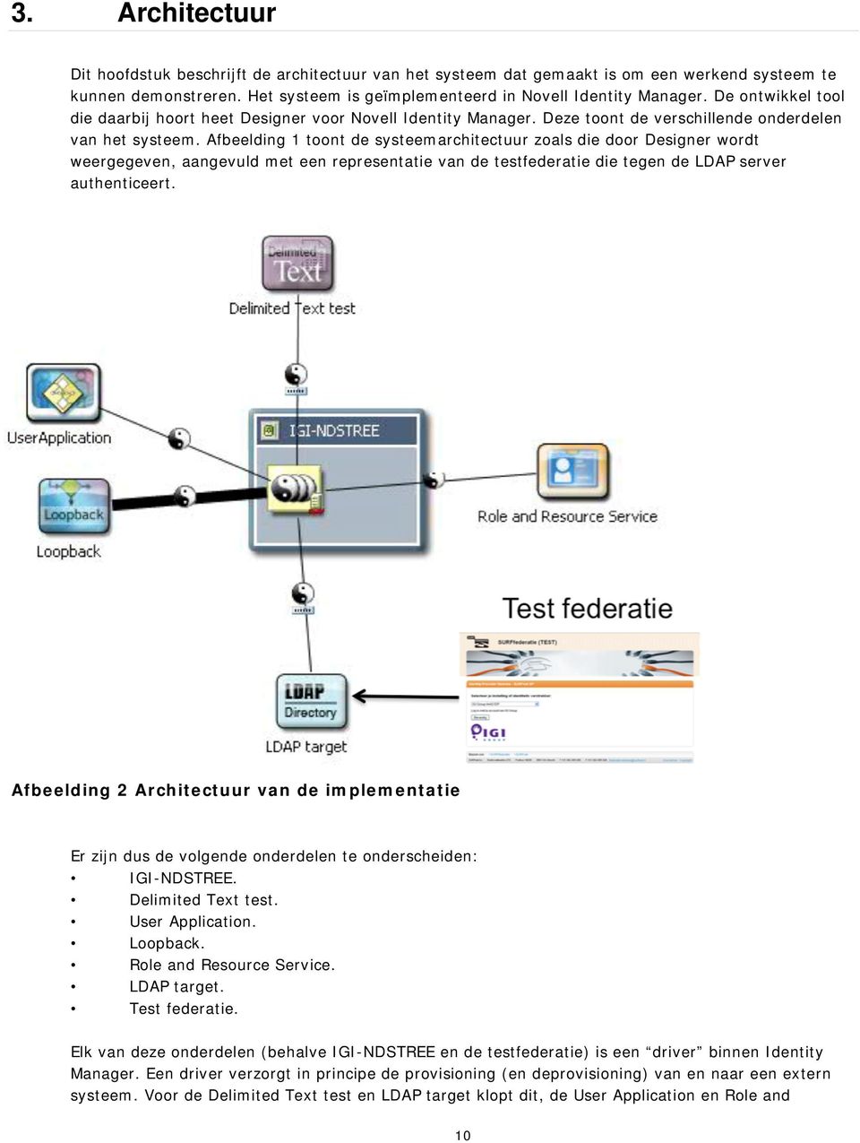 Afbeelding 1 toont de systeemarchitectuur zoals die door Designer wordt weergegeven, aangevuld met een representatie van de testfederatie die tegen de LDAP server authenticeert.