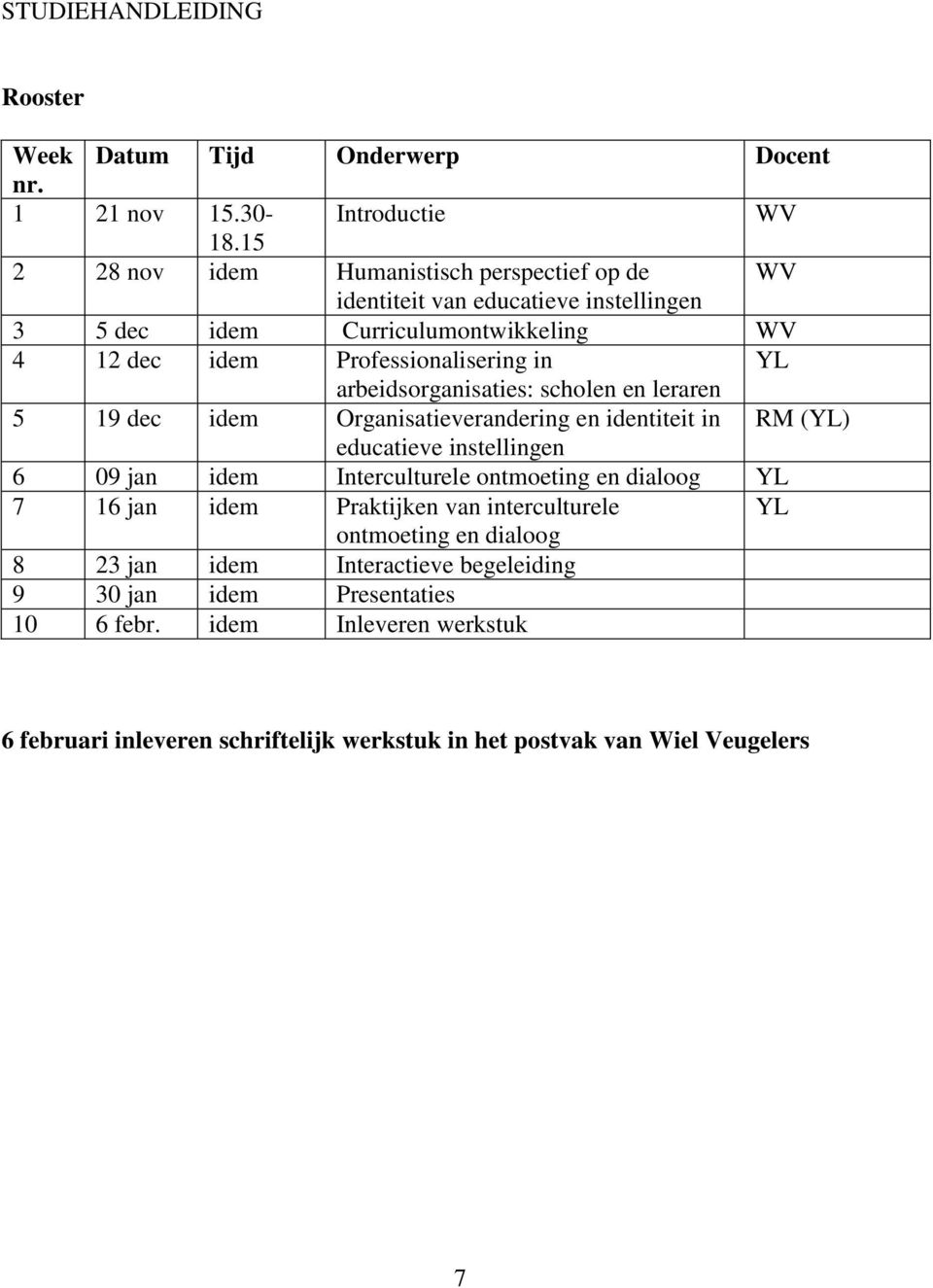 arbeidsorganisaties: scholen en leraren 5 19 dec idem Organisatieverandering en identiteit in RM (YL) educatieve instellingen 6 09 jan idem Interculturele ontmoeting en