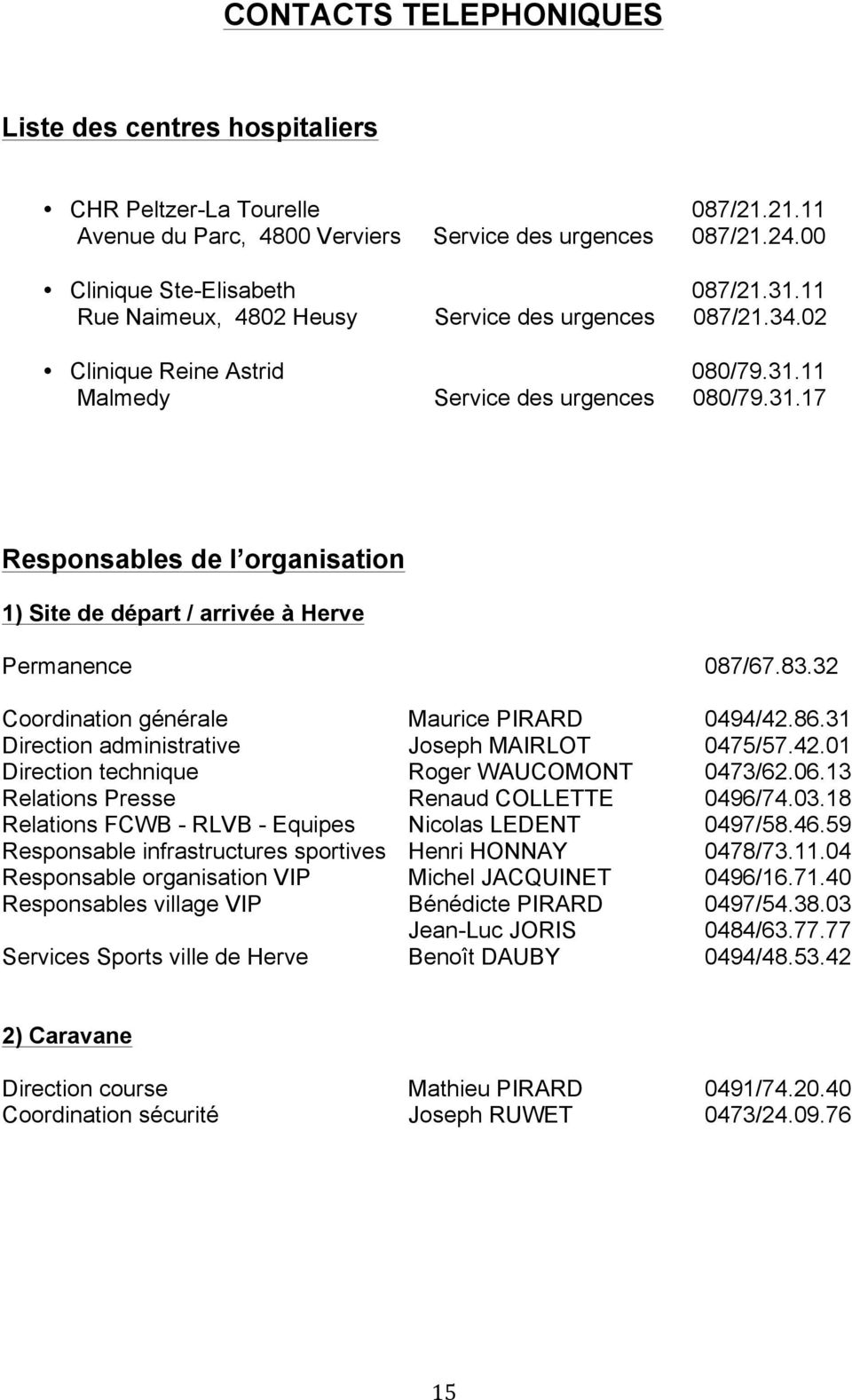 83.32 Coordination générale Maurice PIRARD 0494/42.86.31 Direction administrative Joseph MAIRLOT 0475/57.42.01 Direction technique Roger WAUCOMONT 0473/62.06.