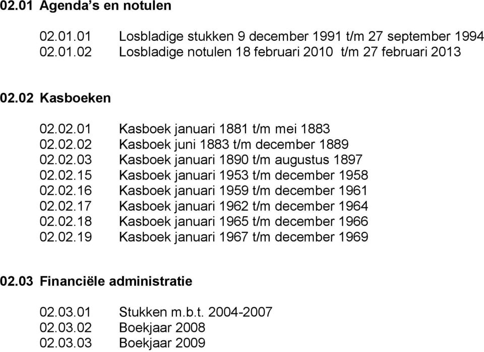 02.16 Kasboek januari 1959 t/m december 1961 02.02.17 Kasboek januari 1962 t/m december 1964 02.02.18 Kasboek januari 1965 t/m december 1966 02.02.19 Kasboek januari 1967 t/m december 1969 02.