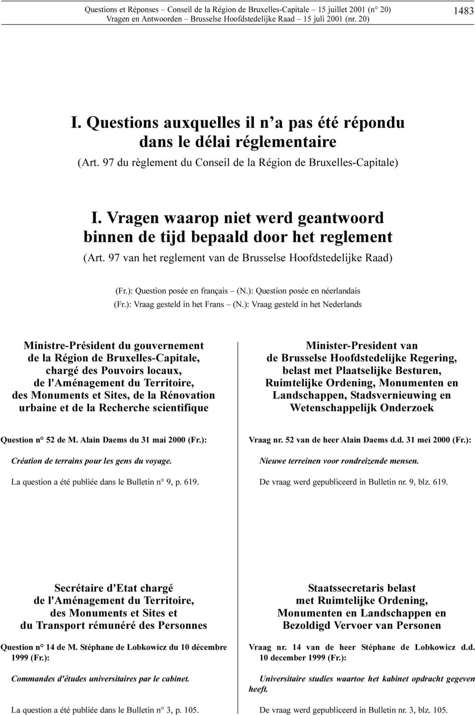 97 van het reglement van de Brusselse Hoofdstedelijke Raad) Question posée en français (N.): Question posée en néerlandais Vraag gesteld in het Frans (N.