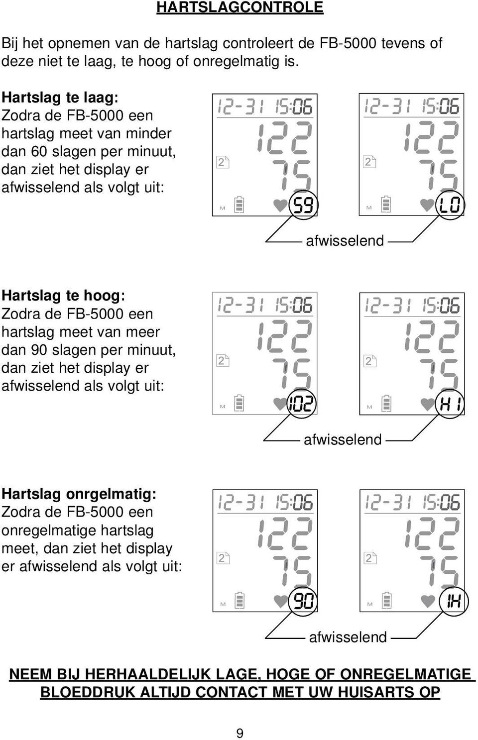 hoog: Zodra de FB-5000 een hartslag meet van meer dan 90 slagen per minuut, dan ziet het display er afwisselend als volgt uit: M M afwisselend Hartslag onrgelmatig: